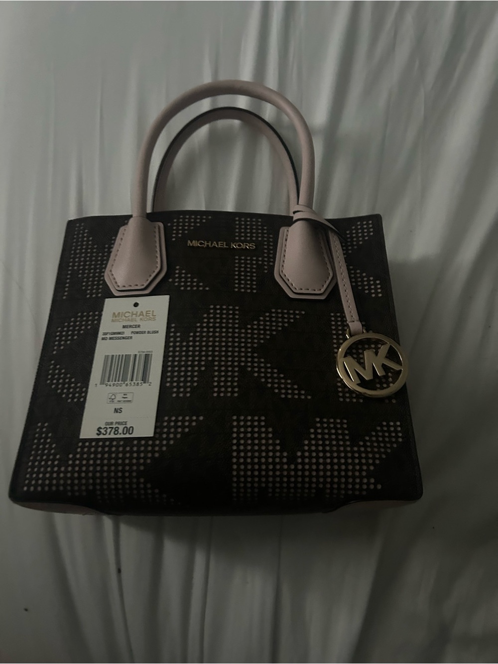 Michael Kors Brown Logo Satchel with Pale Pink Handles